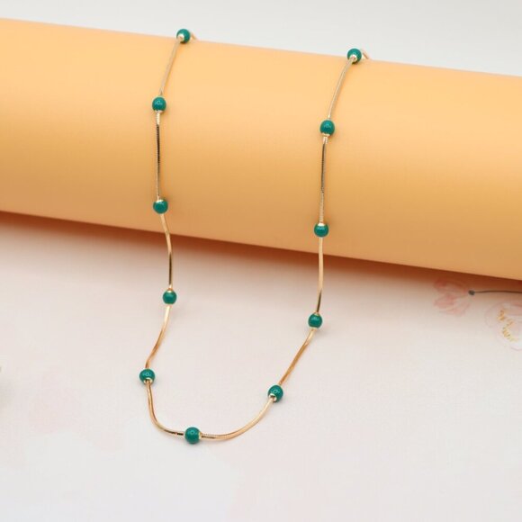 "Rose Gold Necklace with Green Beads Subtle Pop of Color, XPNL0139 - Picture 6 of 12